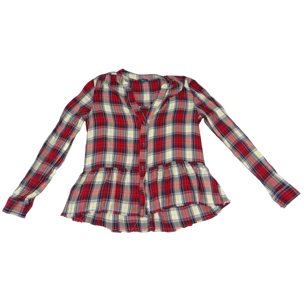 Splendid Womens Red Plaid Peplum Button Down Long Sleeve Top Small 3229‎
